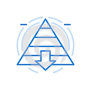 Maslow pyramid with top to bottom level vector line icon. Triangle sections an arrow down.