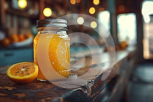 A mason jar of citrus juice and a slice of tangelo on a wooden table