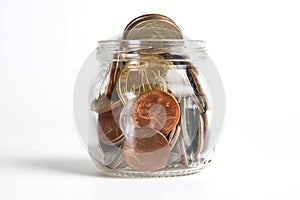 Mason Jar with Coins on White
