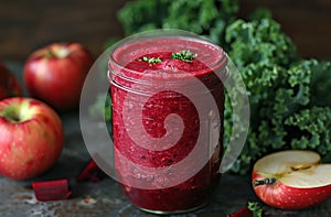 healthy smoothies, mason jar filled with beet, apple, and kale smoothie for a refreshing, energizing, and nutrient photo