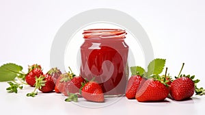 A mason jar filled with handmade strawberry jam or preserves is surrounded by fresh organic strawberries. white