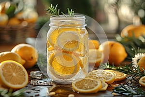 A mason jar filled with sparkling homemade lemonade, garnished with fresh lemon slices and rosemary, amidst whole and