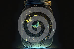 Mason Jar with Fireflies and Butterflies, Magical Bottle, Glowing Insects, Fantasy, Light in a Glass, Illumination, Abstract Art