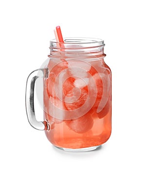 Mason jar of fresh watermelon lemonade on white background