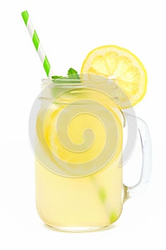 Mason jar of lemonade with straw isolated on white photo