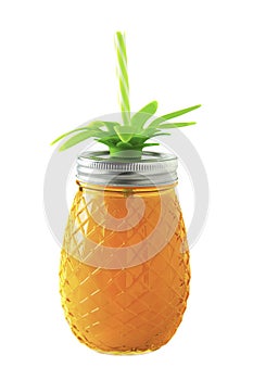 Mason jar, pineapple shape, summer juice or cocktail drink isolated. Tempalte for design, summer holidays, vacation concept