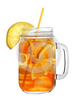 Mason jar of refreshing iced tea with lemon slices