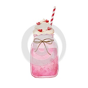 Mason jar of strawberry milkshake with whipped cream for Valentines day