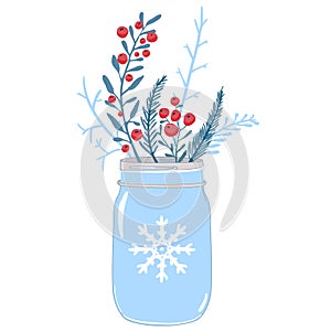 Mason jar and winter composition of red berries, holly and branches of fir. Christmas card vector illustration.