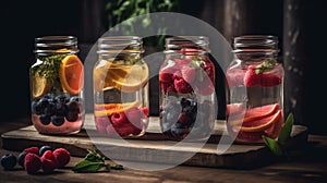 Mason jars of infused water with fruits and berries on wooden table. Generative AI