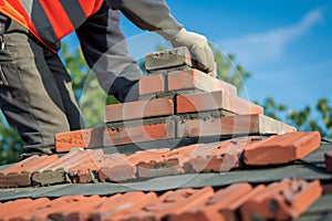 mason laying bricks for a rooftop chimney stack