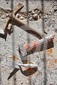 Mason tools on debris background