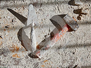 Mason tools on debris background