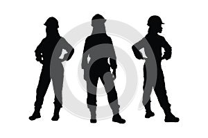 Mason women with anonymous faces. Female bricklayer silhouette set vector on a white background. Girl construction worker wearing