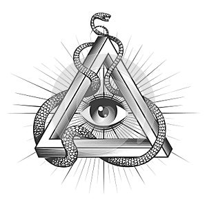 Masonic All seeing Eye inside Triangle with Snake of Wisdom Tattoo