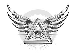 Masonic All seeing Eye inside Triangle with Wings Tattoo