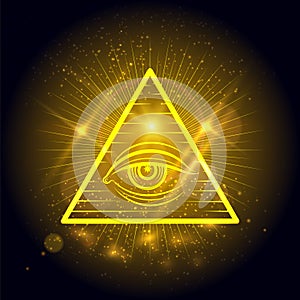 Masonic eye on golden shining background