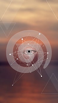 Masonic eye in a pyramid, hipster triangles and molecule structure background on blur photo background. Design for music albums