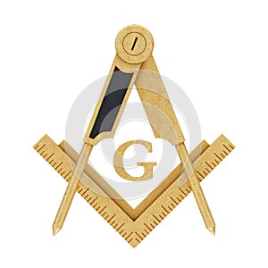 Masonic Freemasonry Golden Square and Compass with G Letter Emblem Icon Logo Symbol. 3d Rendering
