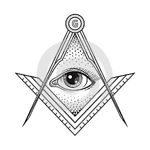 Masonic square and compass symbol with All seeing eye , Freemason sacred society emblem for tattoo design art. Isolated vector il photo