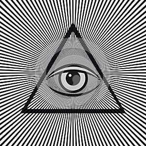 Masonic symbol The all-seeing eye inside the pyramid triangle icon. Vector illustration on a white background