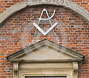 Masonic symbol of the Square and Compasses on a Sunderland, UK masonic lodge