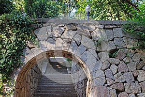 Masonry Archway and Staircase inside Montjuic Garden Public Park, Barcelona, Spain