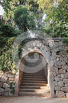 Masonry Archway and Staircase inside Montjuic Garden Public Park, Barcelona, Spain