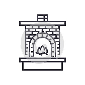 Masonry heater,fireplace with brick chimney with fire vector line icon, sign, illustration on background, editable