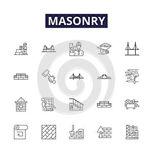 Masonry line vector icons and signs. bricklaying, tiling, pointing, stonework, blockwork, stonemasonry, brickwork