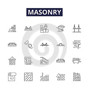 Masonry line vector icons and signs. bricklaying, tiling, pointing, stonework, blockwork, stonemasonry, brickwork photo