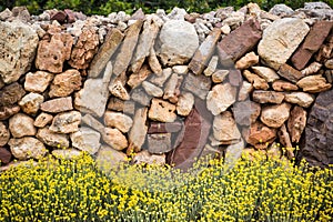 Masonry stonewall in spring with flowers Menorca