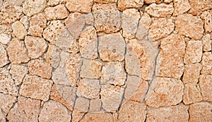 Masonry wall of stones with irregular pattern texture.