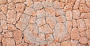 Masonry wall of stones with irregular pattern texture.