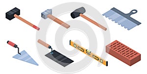 Masonry worker icons set, isometric style