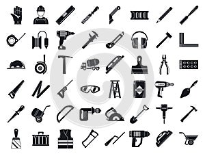 Masonry worker tools icon set, simple style photo