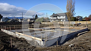 The masons precise skills are evident in the perfectly laid concrete foundation of a newly built home photo