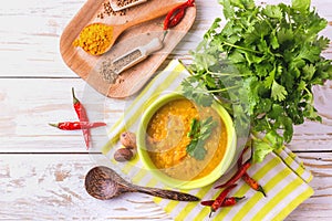 Masoor dal - Indian lentil cream soup. Curry Hyderabadi Khatti