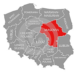 Masovia red highlighted in map of Poland photo
