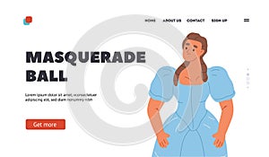Masquerade ball concept of landing page with young woman in 18th century dress costume