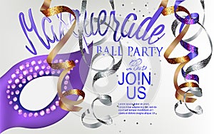 Masquerade ball party invitation banner with mask and hanging serpentine.