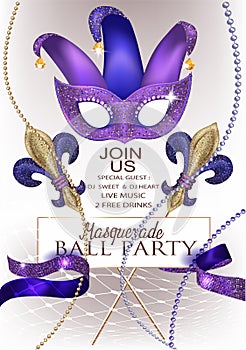 Masquerade ball party invitation banner with masquerade specific deco object.