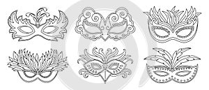 Masquerade carnival masks, outline drawing set. Illustration, sketch for coloring