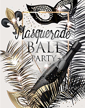 MASQUERADE PARTY INVITATION CARD WITH CARNIVAL DECO OBJECTS . GOLD, WHITE AND BLACK.