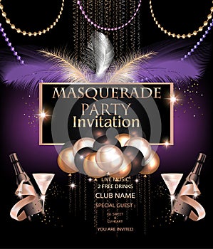 MASQUERADE PARTY INVITATION CARD WITH CARNIVAL PARTY DECO OBJECTS.