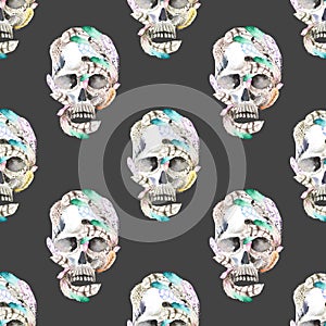 Masquerade theme seamless pattern with watercolor skulls in feathers