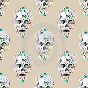 Masquerade theme seamless pattern with watercolor skulls in feathers