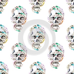 Masquerade theme seamless pattern with watercolor skulls in feathers