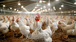 Mass animal farming. Chickens modern in industrial farm. Poor living conditions in poultry production. Animal rights