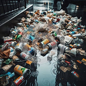 Mass dumping of garbage on wet city street